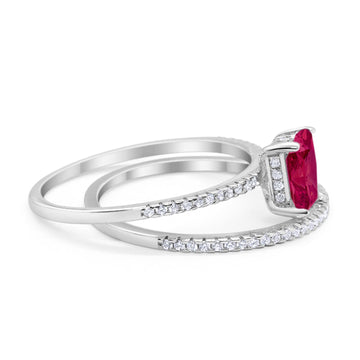 Art Deco Two Piece Wedding Radiant Simulated Ruby CZ Ring 925 Sterling Silver